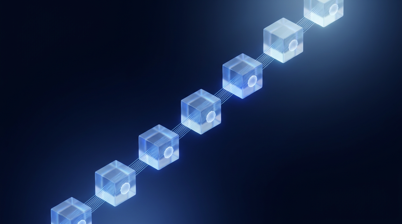 An ascending chain of sealed glass blocks linked by threads of light — an evidence ledger