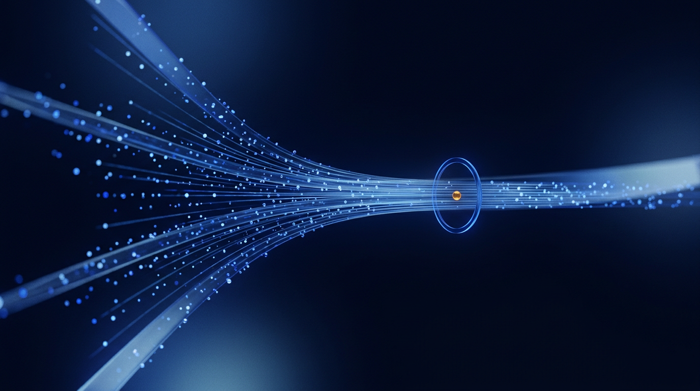 Streams of luminous signals converging, one threat isolated in a detection ring